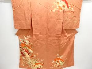 アンティーク　紋錦紗　檜扇に草花模様刺繍一つ紋着物